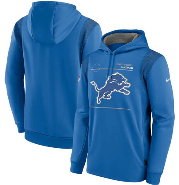Men's Detroit Lions 2021 Blue Sideline Logo Performance Pullover Hoodie